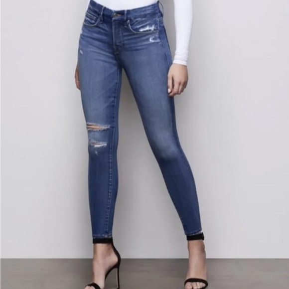 Good American Denim Jeans Good Leg Crop Distressed Skinny Jeans Blue Size 25 NWT - Picture 1 of 16